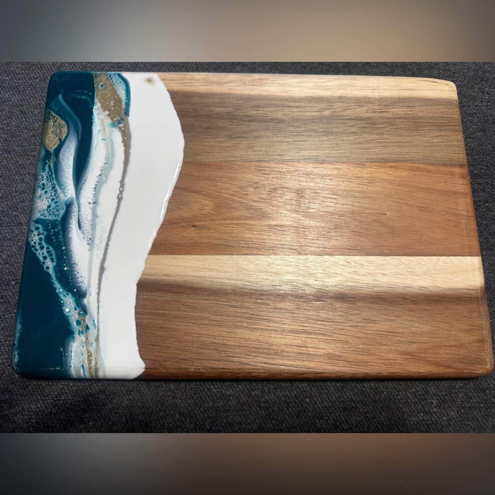 Handcrafted Acacia Wood Serving Board with Teal and White Resin Accent
